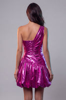 Load image into Gallery viewer, Fuchsia Metallic Ruched Glitter A Line Short Vintage 80s Prom Dress