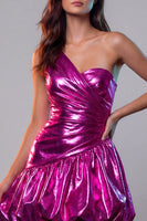 Load image into Gallery viewer, Fuchsia Metallic Ruched Glitter A Line Short Vintage 80s Prom Dress