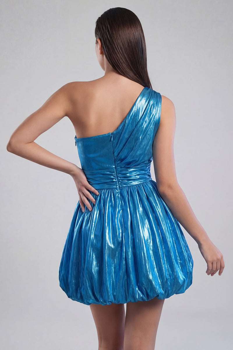 Load image into Gallery viewer, Metallic A Line Short Glitter Ink Blue Ruched Vintage 80s Prom Dress