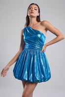 Load image into Gallery viewer, Metallic A Line Short Glitter Ink Blue Ruched Vintage 80s Prom Dress