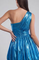 Load image into Gallery viewer, Metallic A Line Short Glitter Ink Blue Ruched Vintage 80s Prom Dress