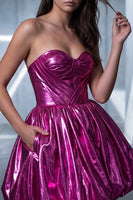 Load image into Gallery viewer, Metallic Glitter Detachable Cape A Line Sweetheart Short Fuchsia Vintage 80s Prom Dress