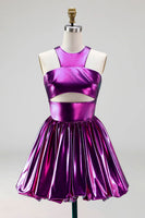 Load image into Gallery viewer, Metallic Glitter Keyhole Fuchsia A Line Short Vintage 80s Prom Dress