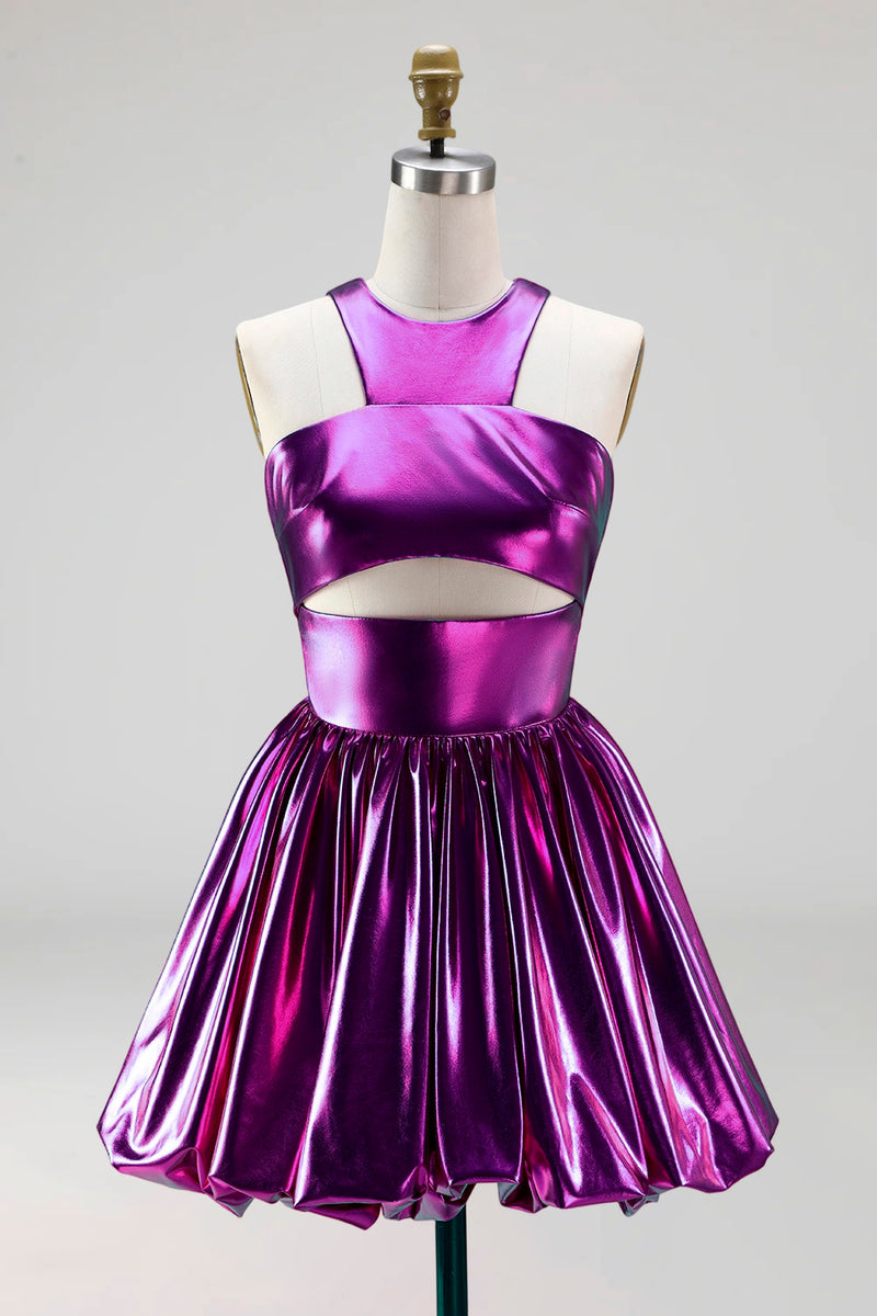 Load image into Gallery viewer, Metallic Glitter Keyhole Fuchsia A Line Short Vintage 80s Prom Dress