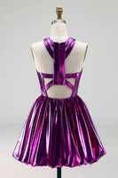 Load image into Gallery viewer, Metallic Glitter Keyhole Fuchsia A Line Short Vintage 80s Prom Dress
