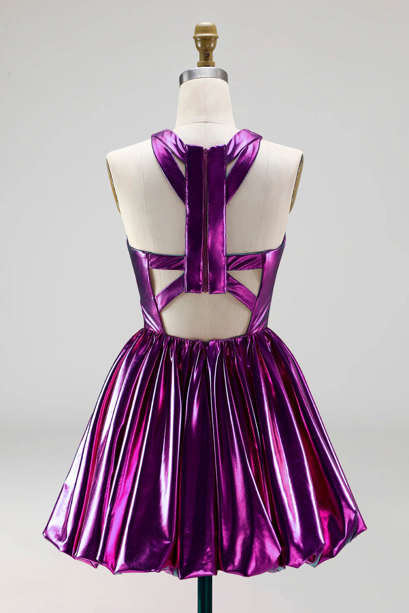 Load image into Gallery viewer, Metallic Glitter Keyhole Fuchsia A Line Short Vintage 80s Prom Dress