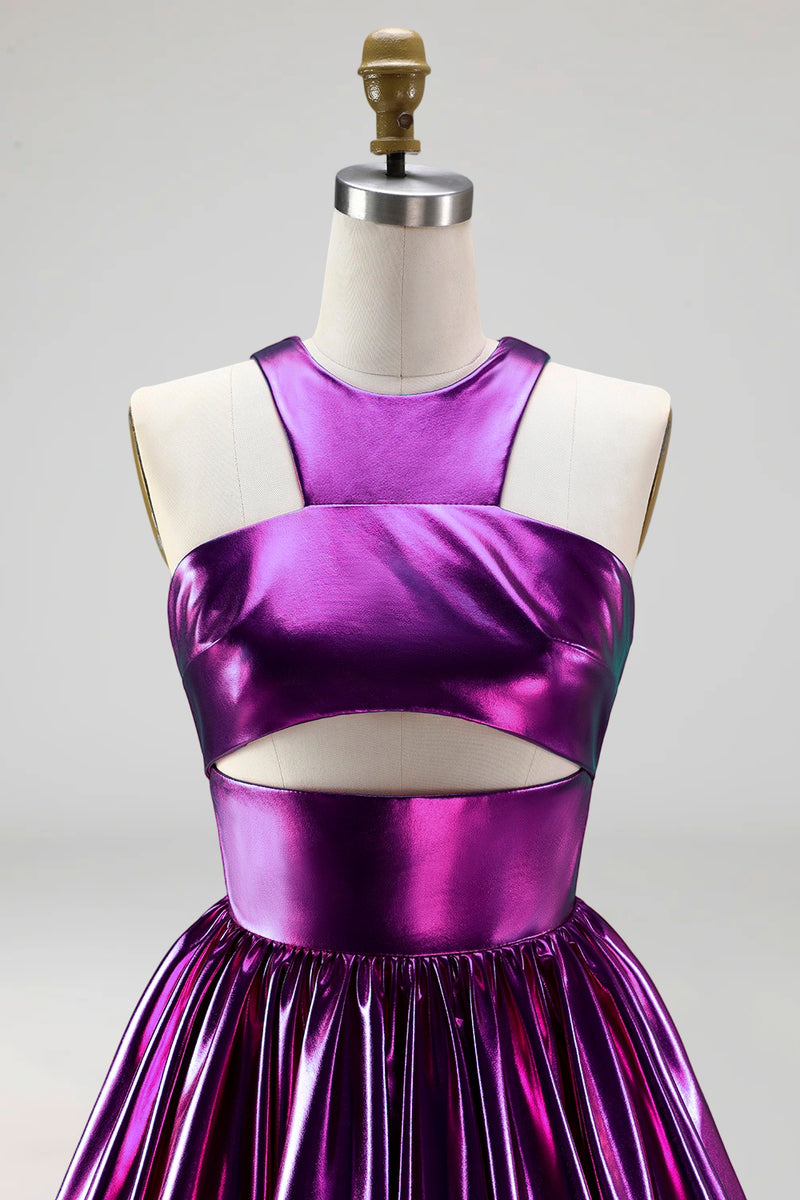 Load image into Gallery viewer, Metallic Glitter Keyhole Fuchsia A Line Short Vintage 80s Prom Dress
