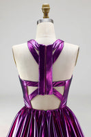 Load image into Gallery viewer, Metallic Glitter Keyhole Fuchsia A Line Short Vintage 80s Prom Dress