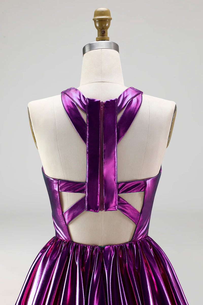 Load image into Gallery viewer, Metallic Glitter Keyhole Fuchsia A Line Short Vintage 80s Prom Dress