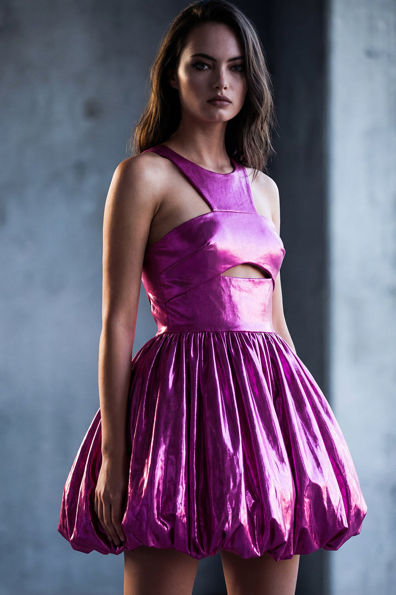 Load image into Gallery viewer, Metallic Glitter Keyhole Fuchsia A Line Short Vintage 80s Prom Dress