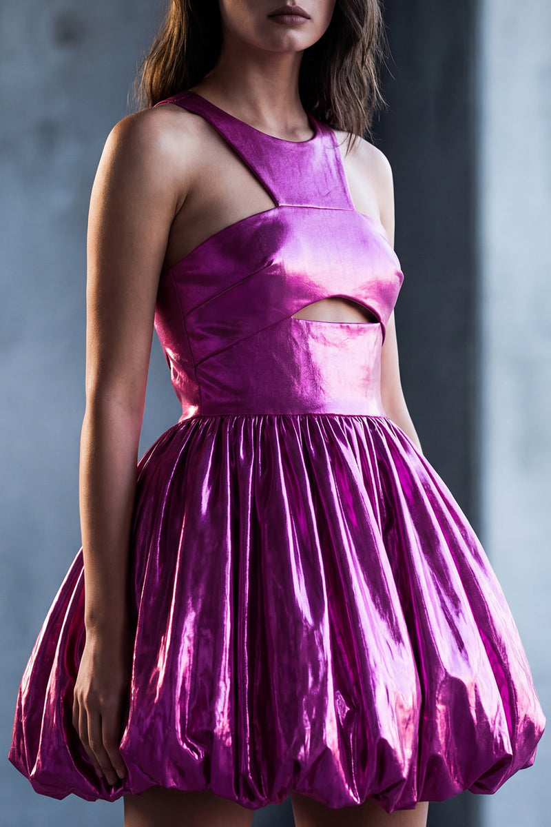 Load image into Gallery viewer, Metallic Glitter Keyhole Fuchsia A Line Short Vintage 80s Prom Dress
