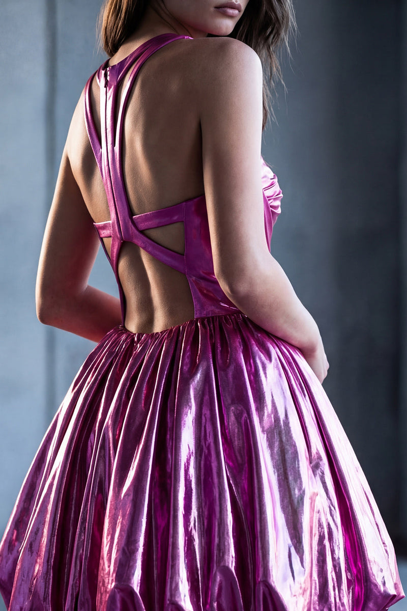 Load image into Gallery viewer, Metallic Glitter Keyhole Fuchsia A Line Short Vintage 80s Prom Dress