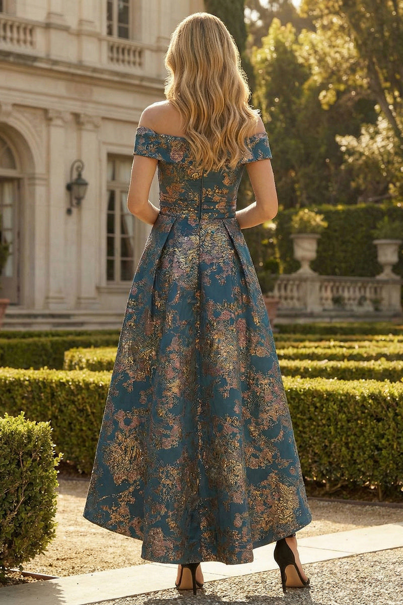Load image into Gallery viewer, Peacock Blue Off the Shoulder A Line Asymmetrical Floral Formal Dress