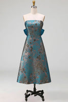 Load image into Gallery viewer, Peacock Blue Floral Strapless A Line Long Formal Dress with Bow