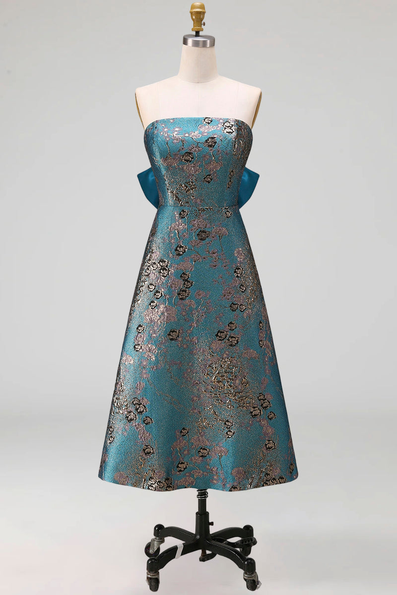 Load image into Gallery viewer, Peacock Blue Floral Strapless A Line Long Formal Dress with Bow