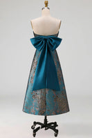 Load image into Gallery viewer, Peacock Blue Floral Strapless A Line Long Formal Dress with Bow