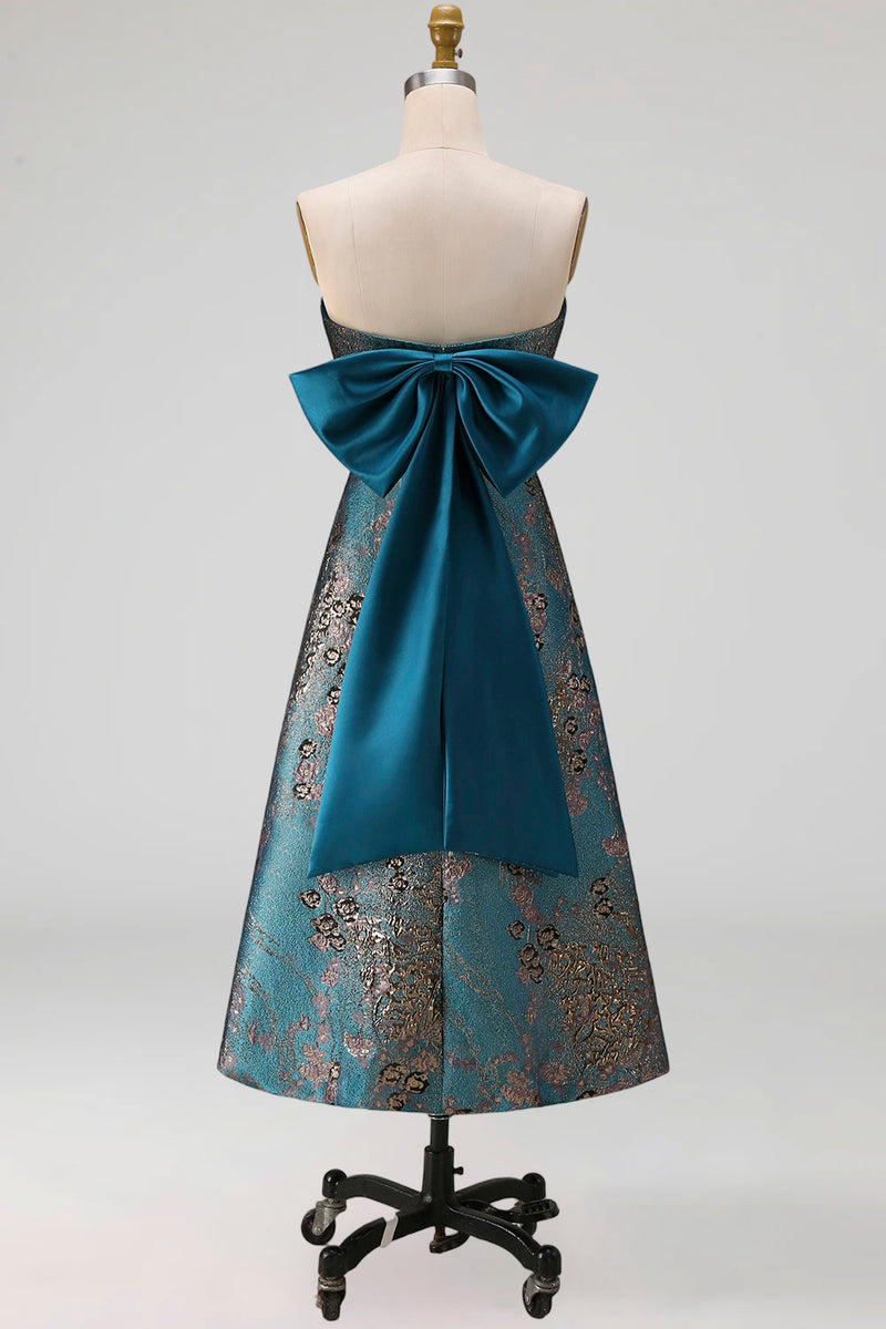 Load image into Gallery viewer, Peacock Blue Floral Strapless A Line Long Formal Dress with Bow
