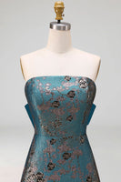 Load image into Gallery viewer, Peacock Blue Floral Strapless A Line Long Formal Dress with Bow