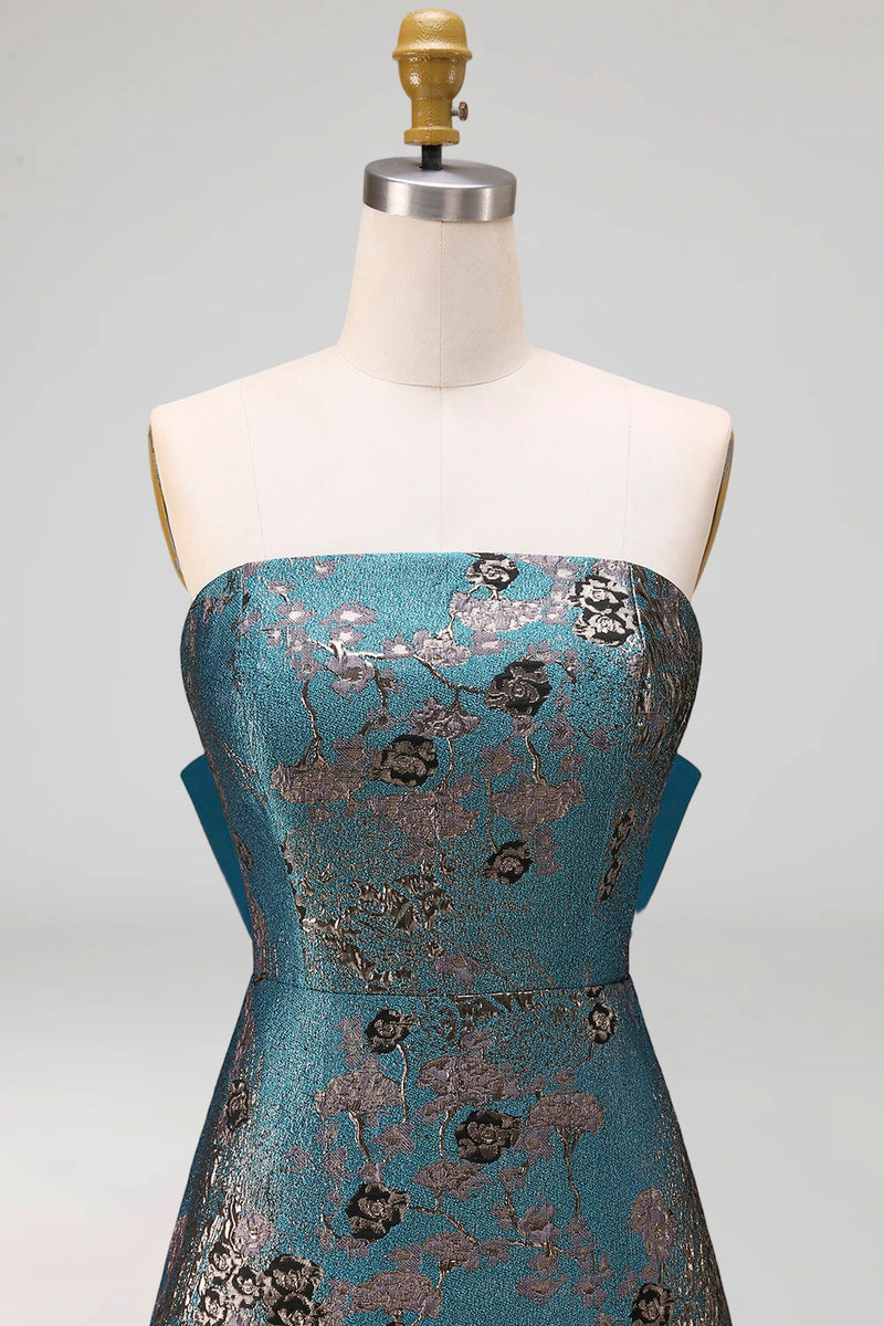 Load image into Gallery viewer, Peacock Blue Floral Strapless A Line Long Formal Dress with Bow