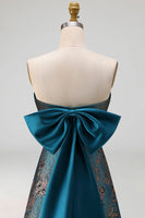 Load image into Gallery viewer, Peacock Blue Floral Strapless A Line Long Formal Dress with Bow