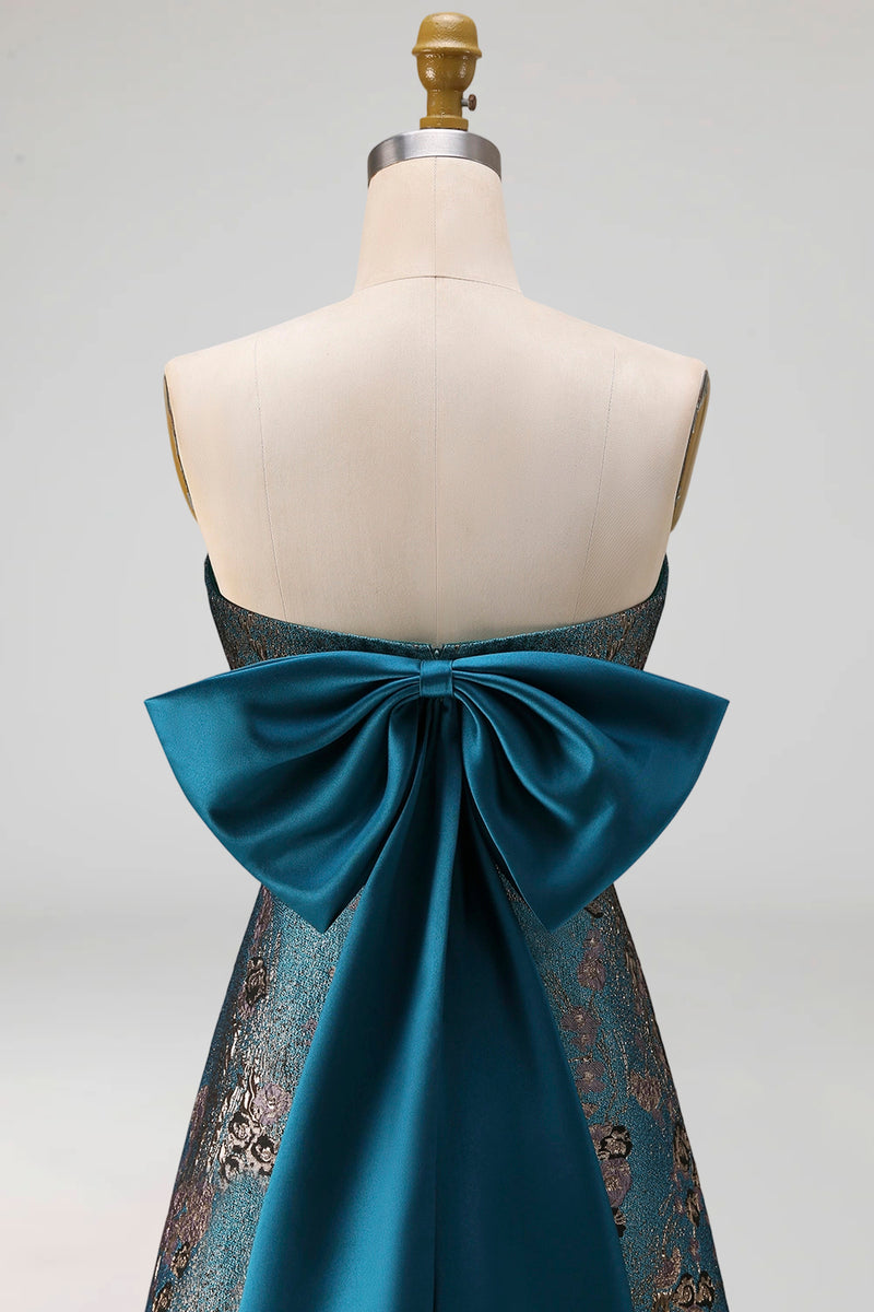 Load image into Gallery viewer, Peacock Blue Floral Strapless A Line Long Formal Dress with Bow
