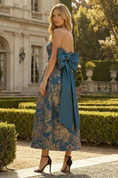 Load image into Gallery viewer, Peacock Blue Floral Strapless A Line Long Formal Dress with Bow