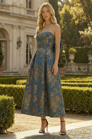 Load image into Gallery viewer, Peacock Blue Floral Strapless A Line Long Formal Dress with Bow
