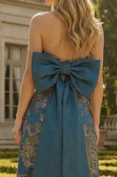 Load image into Gallery viewer, Peacock Blue Floral Strapless A Line Long Formal Dress with Bow