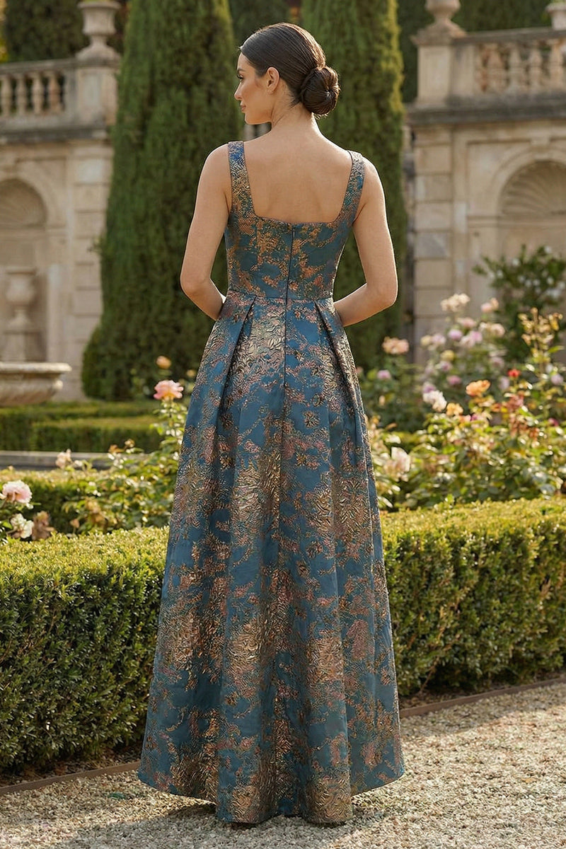 Load image into Gallery viewer, Peacock Blue Sqaure Neck A Line Asymmetrical Formal Dress