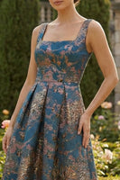 Load image into Gallery viewer, Peacock Blue Sqaure Neck A Line Asymmetrical Formal Dress