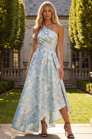 Load image into Gallery viewer, Peacock Blue A Line One Shoulder Asymmetrical Floral Formal Dress