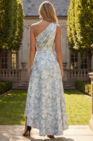 Load image into Gallery viewer, Peacock Blue A Line One Shoulder Asymmetrical Floral Formal Dress