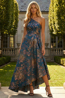 Load image into Gallery viewer, Peacock Blue A Line One Shoulder Asymmetrical Floral Formal Dress