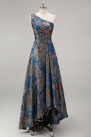 Load image into Gallery viewer, Peacock Blue A Line One Shoulder Asymmetrical Floral Formal Dress
