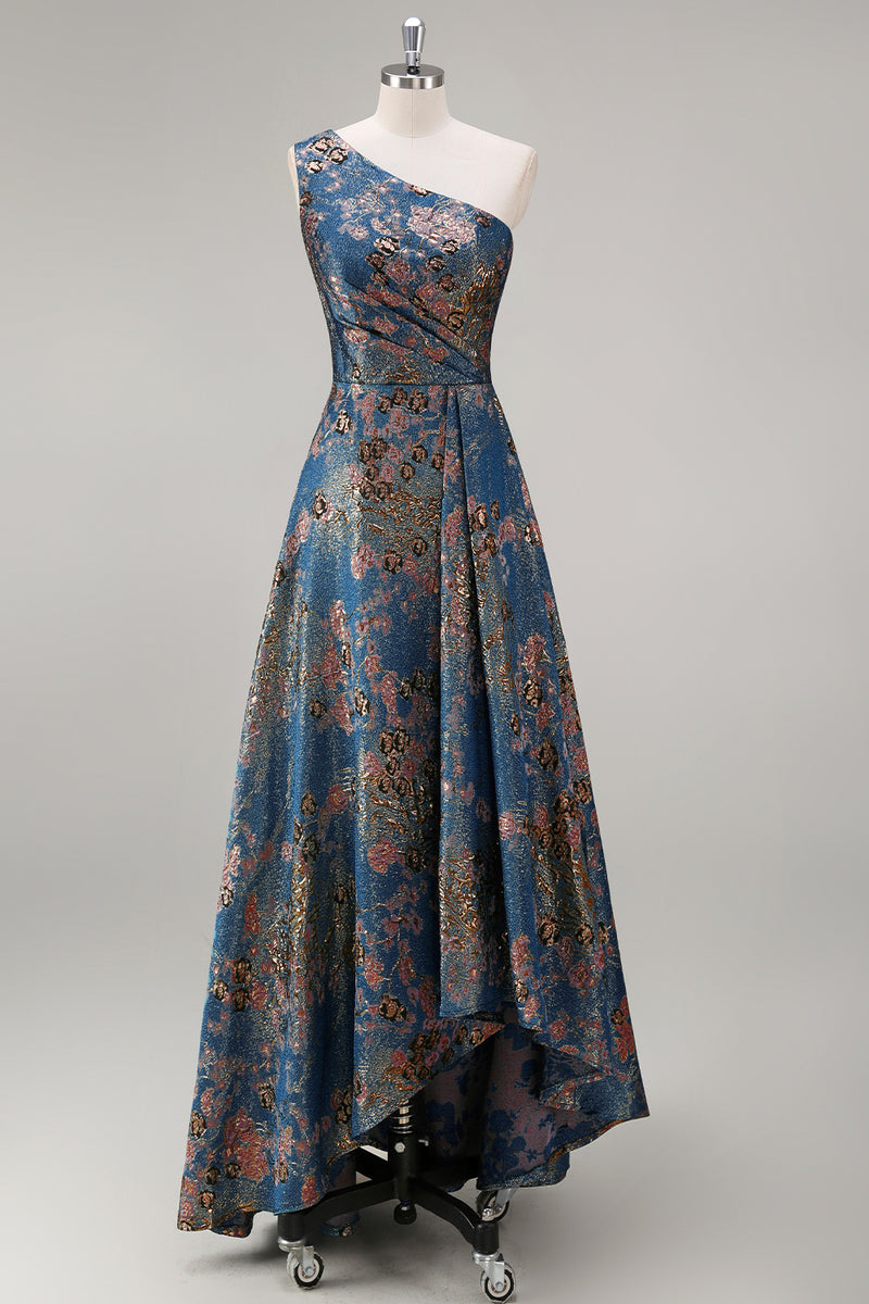 Load image into Gallery viewer, Peacock Blue A Line One Shoulder Asymmetrical Floral Formal Dress