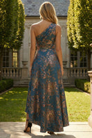 Load image into Gallery viewer, Peacock Blue A Line One Shoulder Asymmetrical Floral Formal Dress