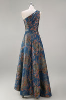 Load image into Gallery viewer, Peacock Blue A Line One Shoulder Asymmetrical Floral Formal Dress
