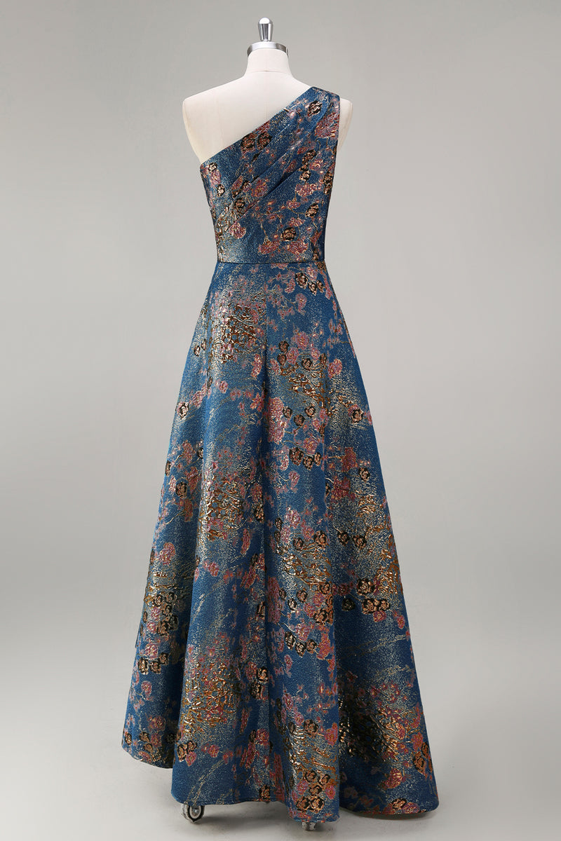 Load image into Gallery viewer, Peacock Blue A Line One Shoulder Asymmetrical Floral Formal Dress