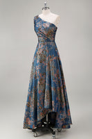 Load image into Gallery viewer, Peacock Blue A Line One Shoulder Asymmetrical Floral Formal Dress