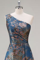 Load image into Gallery viewer, Peacock Blue A Line One Shoulder Asymmetrical Floral Formal Dress