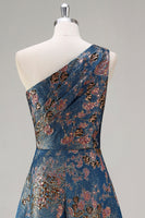 Load image into Gallery viewer, Peacock Blue A Line One Shoulder Asymmetrical Floral Formal Dress