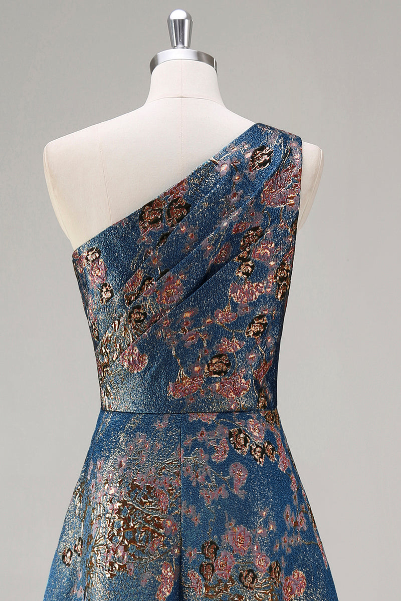 Load image into Gallery viewer, Peacock Blue A Line One Shoulder Asymmetrical Floral Formal Dress