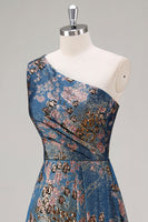 Load image into Gallery viewer, Peacock Blue A Line One Shoulder Asymmetrical Floral Formal Dress