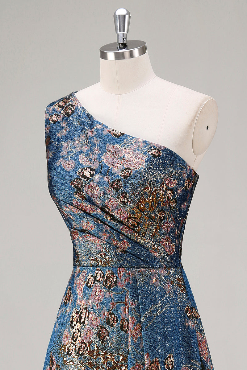 Load image into Gallery viewer, Peacock Blue A Line One Shoulder Asymmetrical Floral Formal Dress