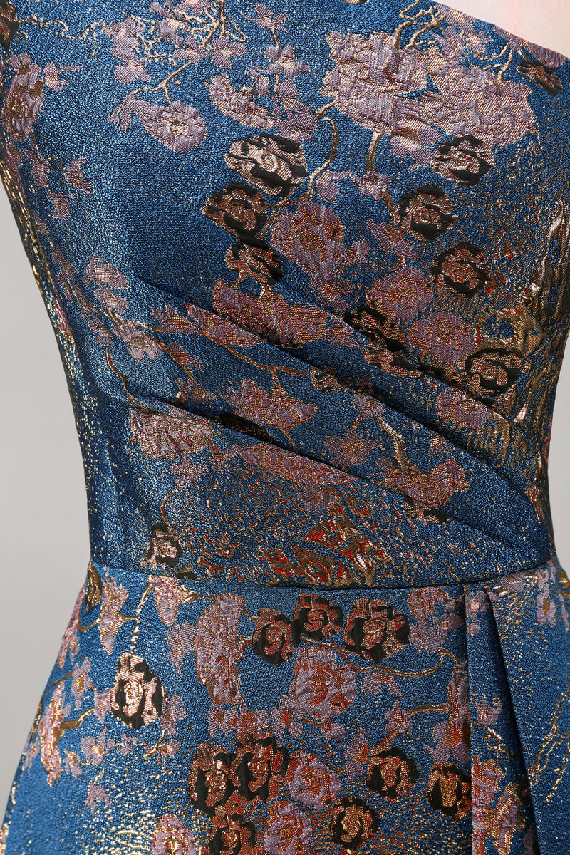 Load image into Gallery viewer, Peacock Blue A Line One Shoulder Asymmetrical Floral Formal Dress