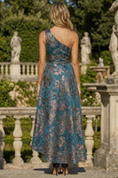 Load image into Gallery viewer, Peacock Blue One Shoulder A Line Maxi Formal Dress