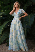 Load image into Gallery viewer, Floral Light Green Backless A Line Long Formal Dress