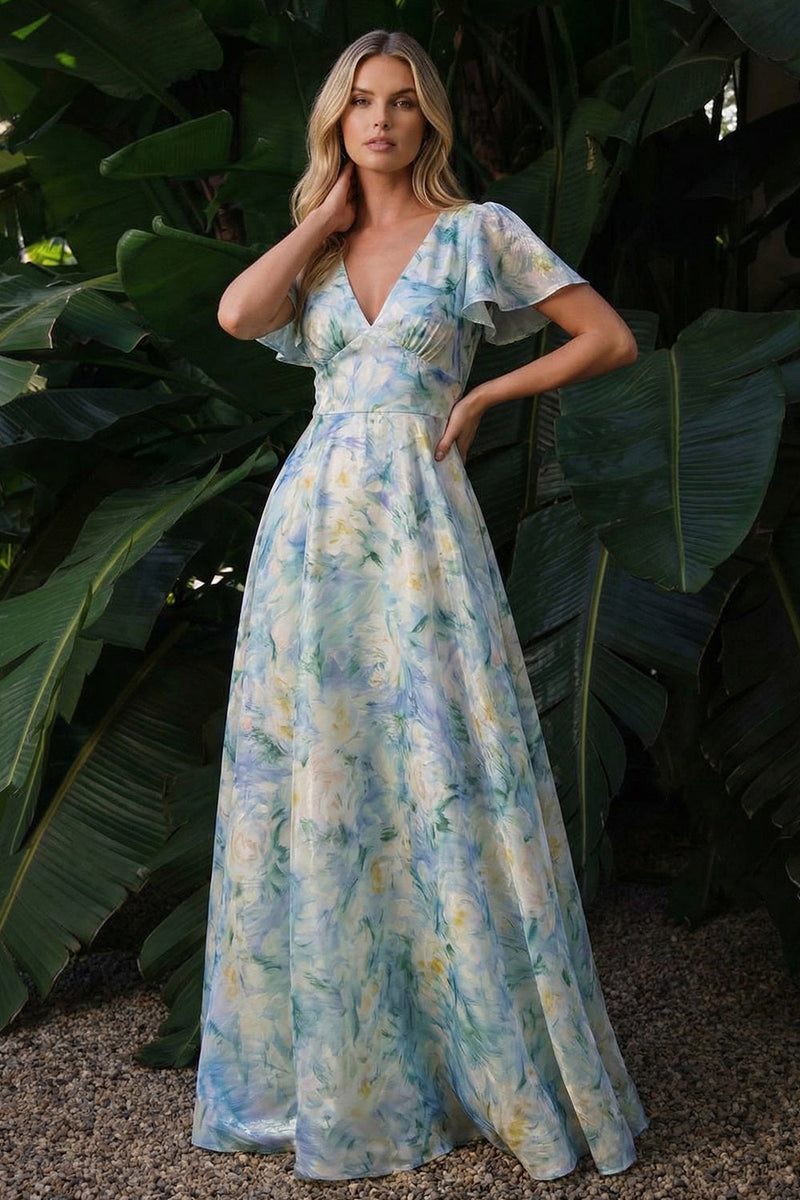 Load image into Gallery viewer, Floral Light Green Backless A Line Long Formal Dress