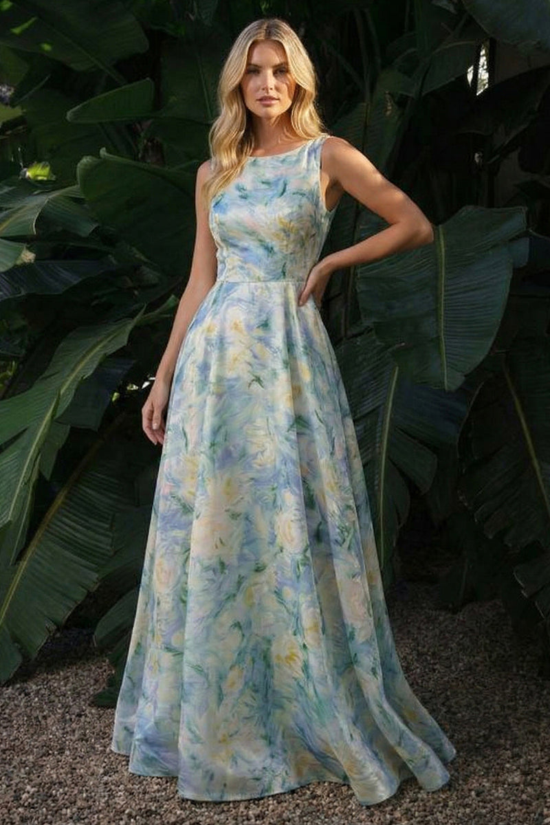 Load image into Gallery viewer, Floral Light Green A Line Boat Neck Long Formal Dress