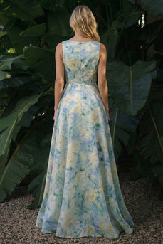 Floral Light Green A Line Boat Neck Long Formal Dress
